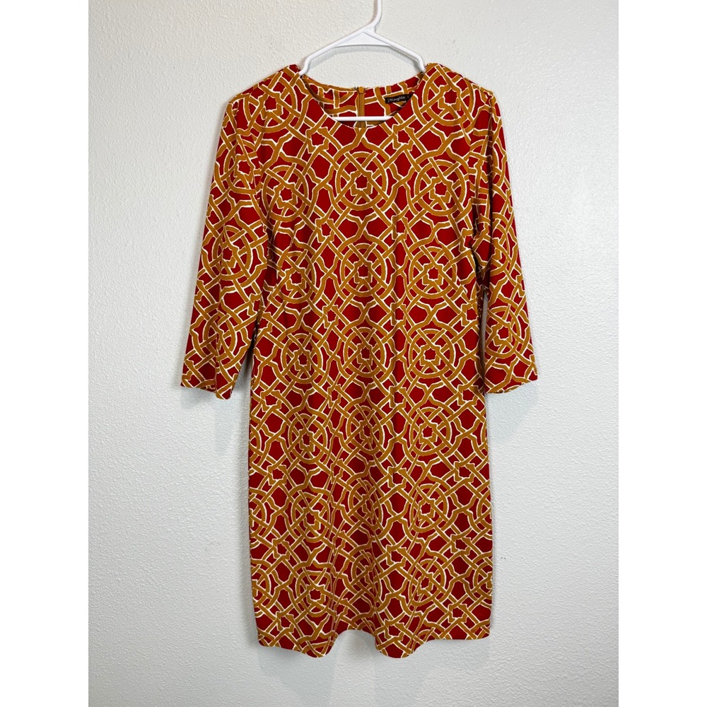 J.McLaughlin Fall Dress L Red Catalina Cloth Geometric Chain Link 3/4 Sleeve